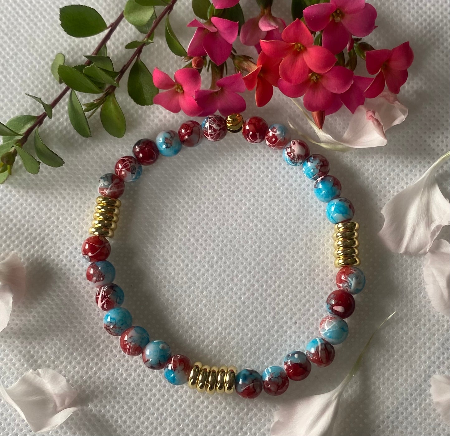 Blue Red Glass Beaded Bracelet