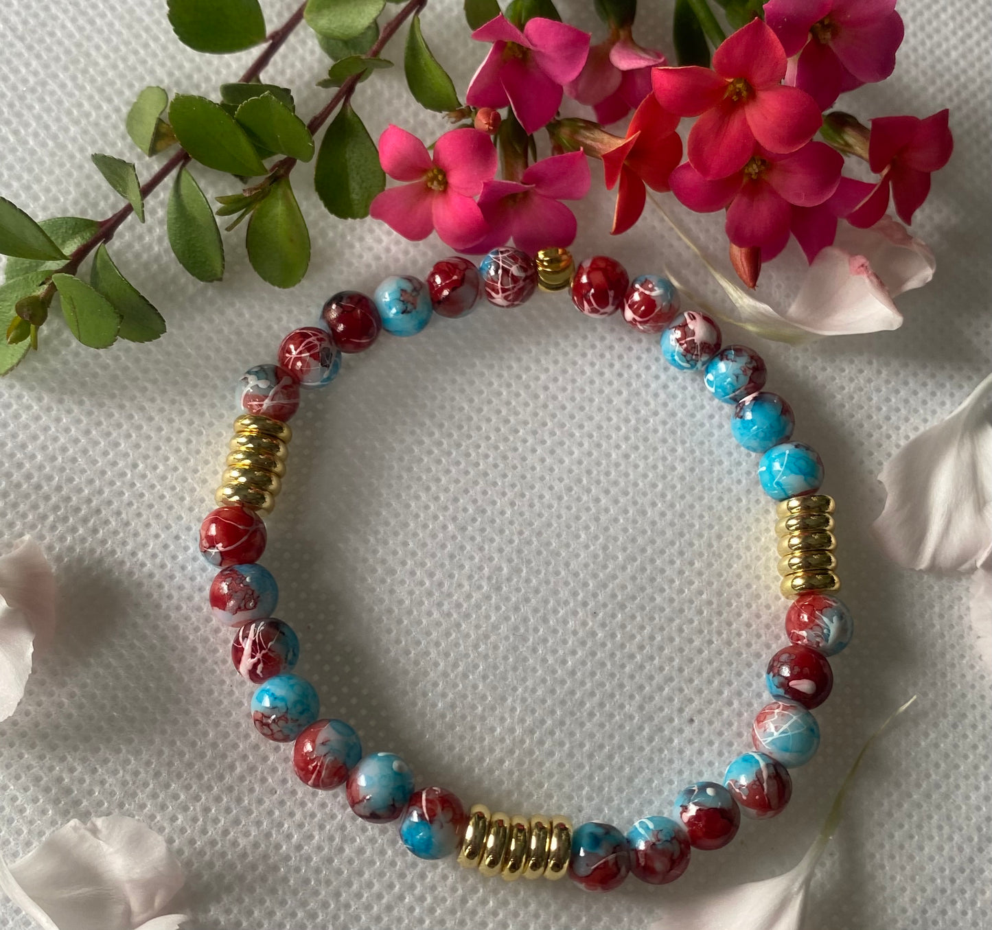 Blue Red Glass Beaded Bracelet