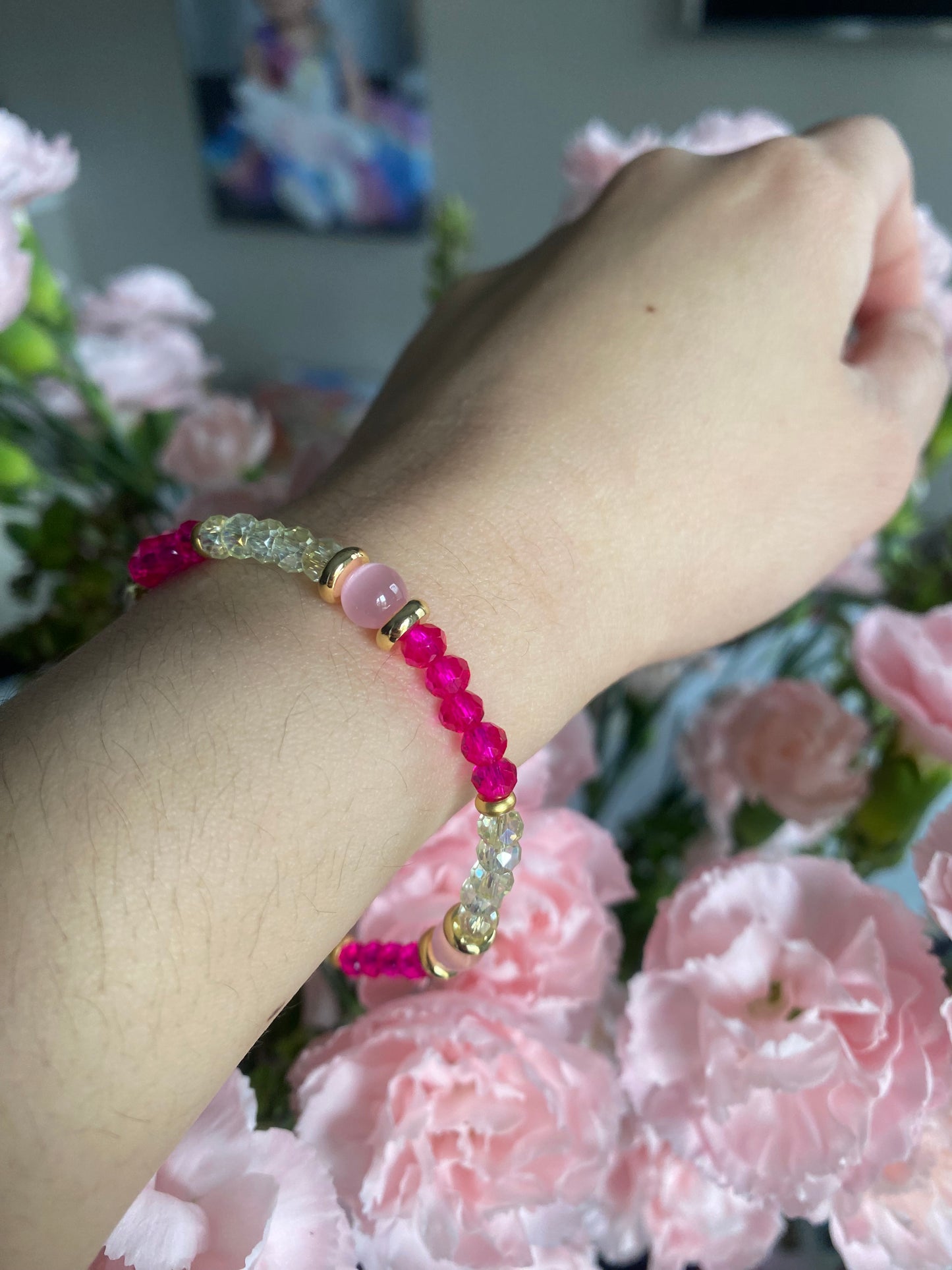 Pink crystal glass beaded bracelet