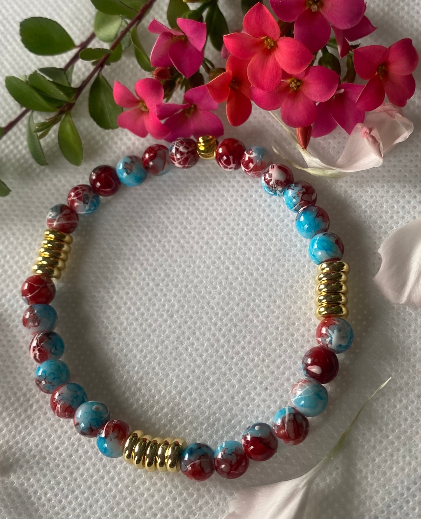 Blue Red Glass Beaded Bracelet