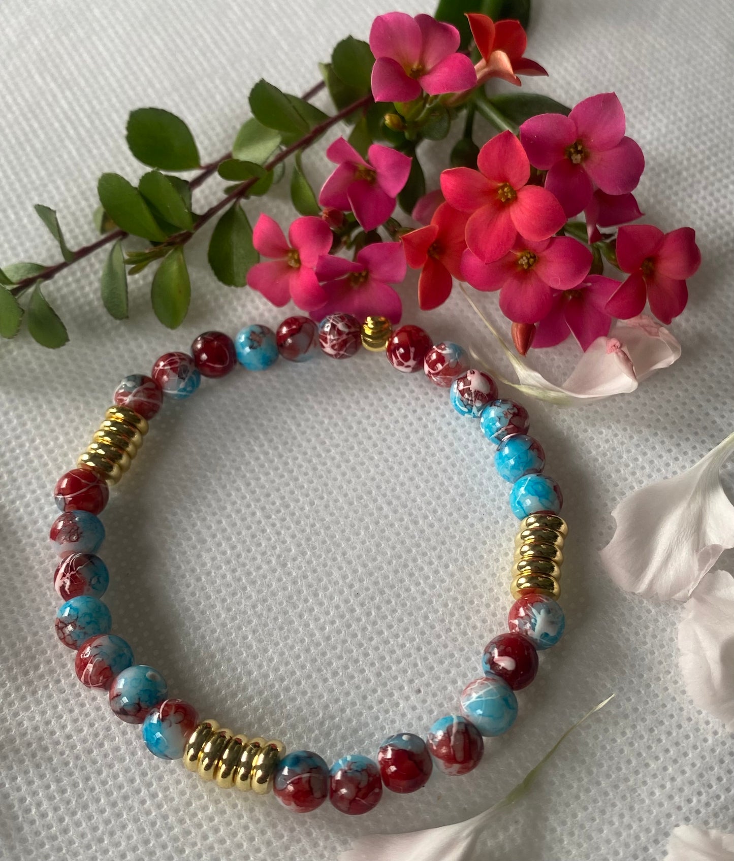 Blue Red Glass Beaded Bracelet