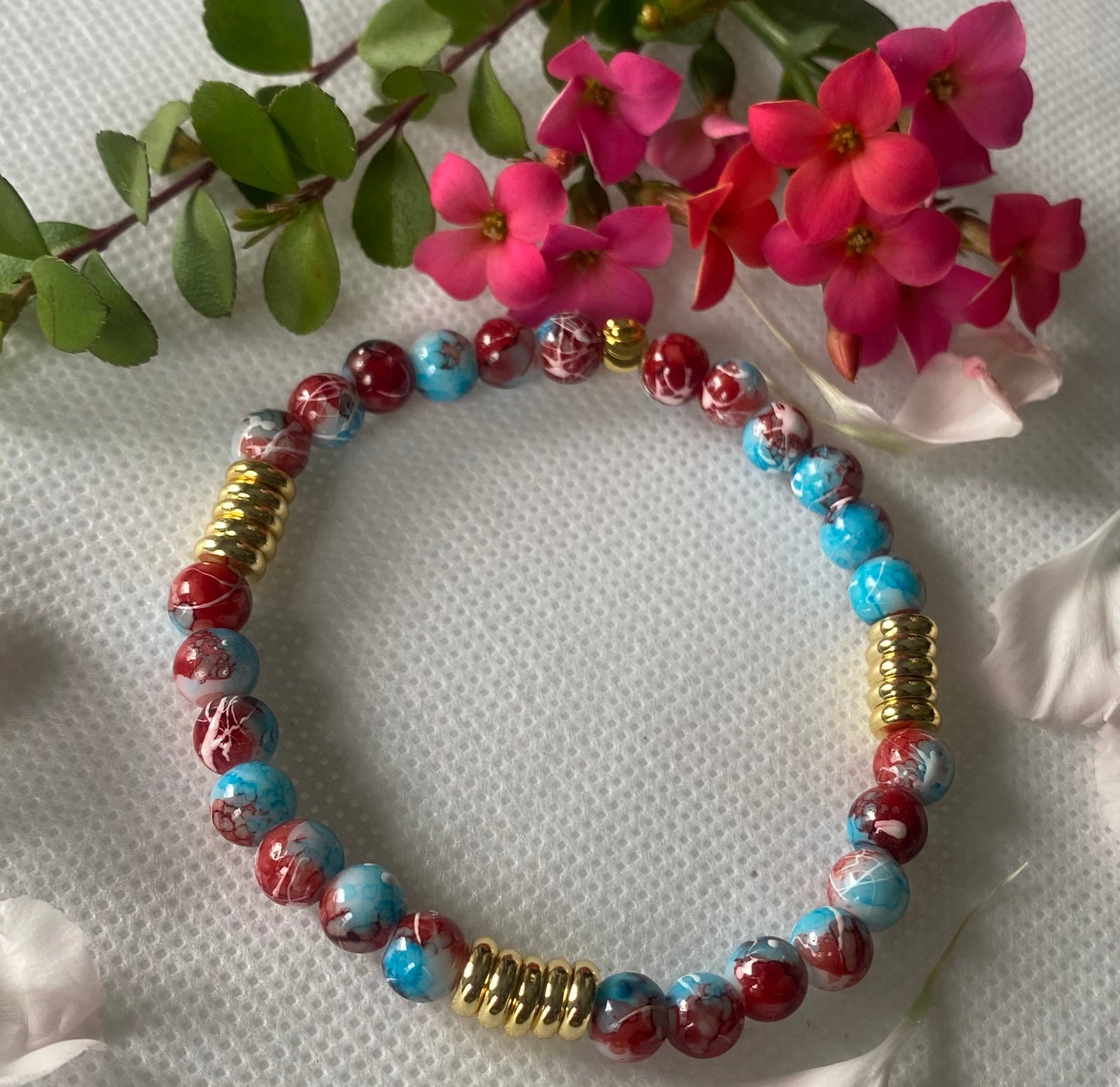 Blue Red Glass Beaded Bracelet