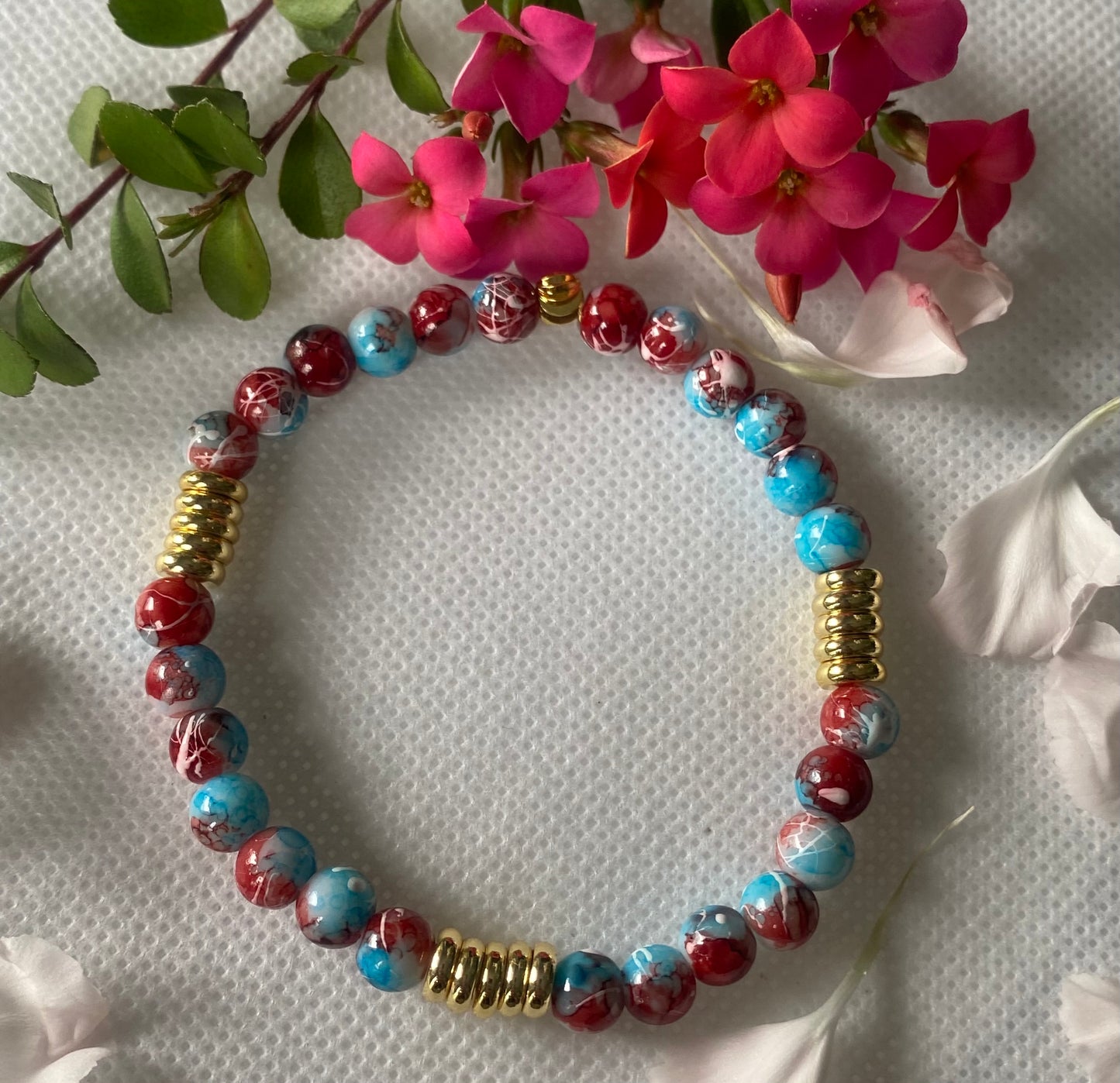 Blue Red Glass Beaded Bracelet