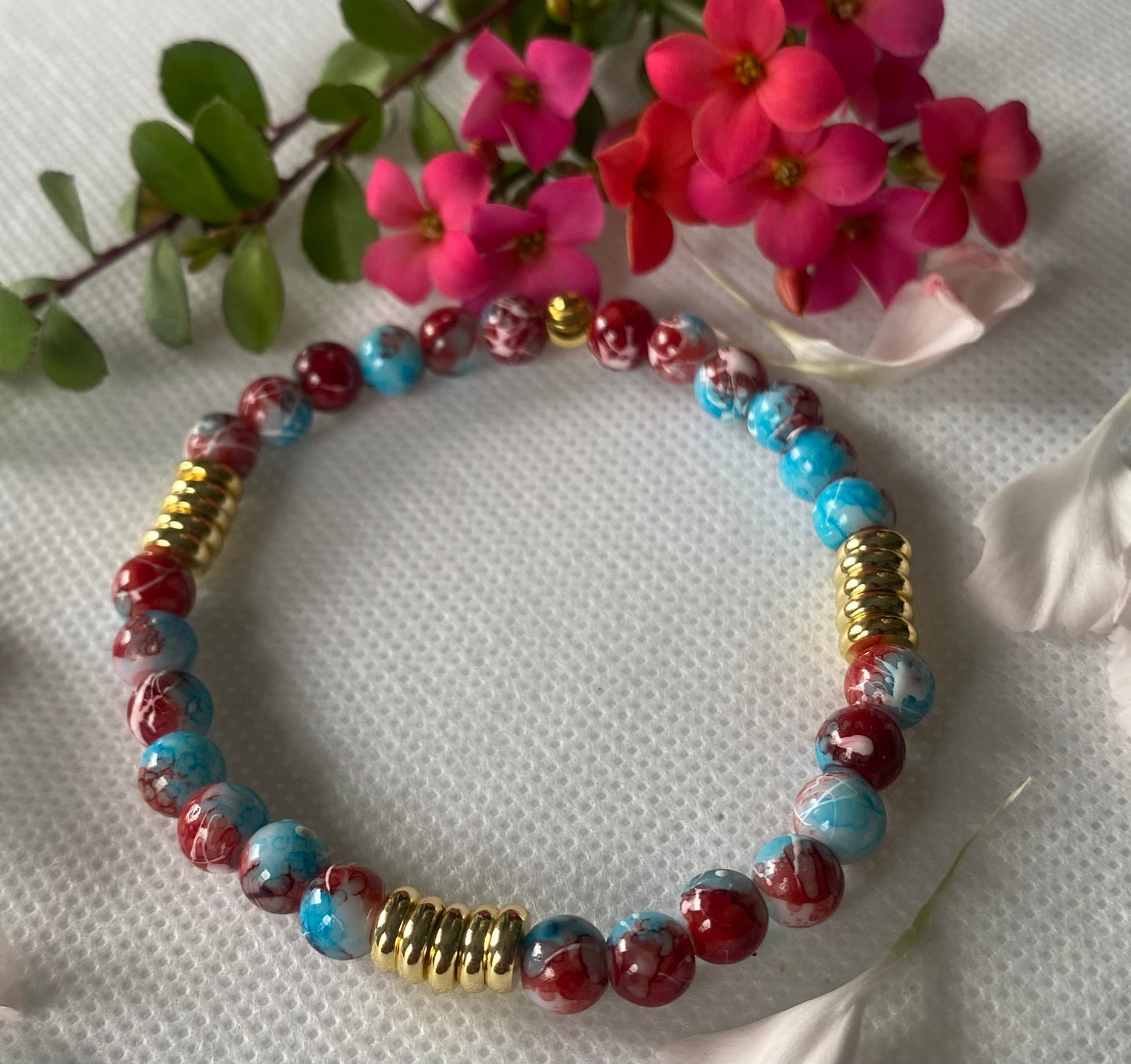 Blue Red Glass Beaded Bracelet
